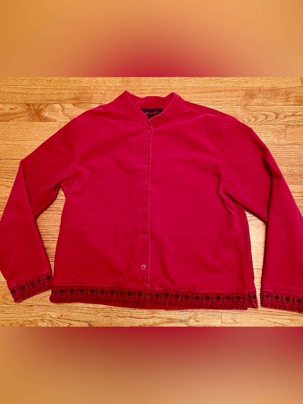 Denim & Co. Vintage Women’s Red  Corduroy Jacket w/ Black Embroidery-Size Medium